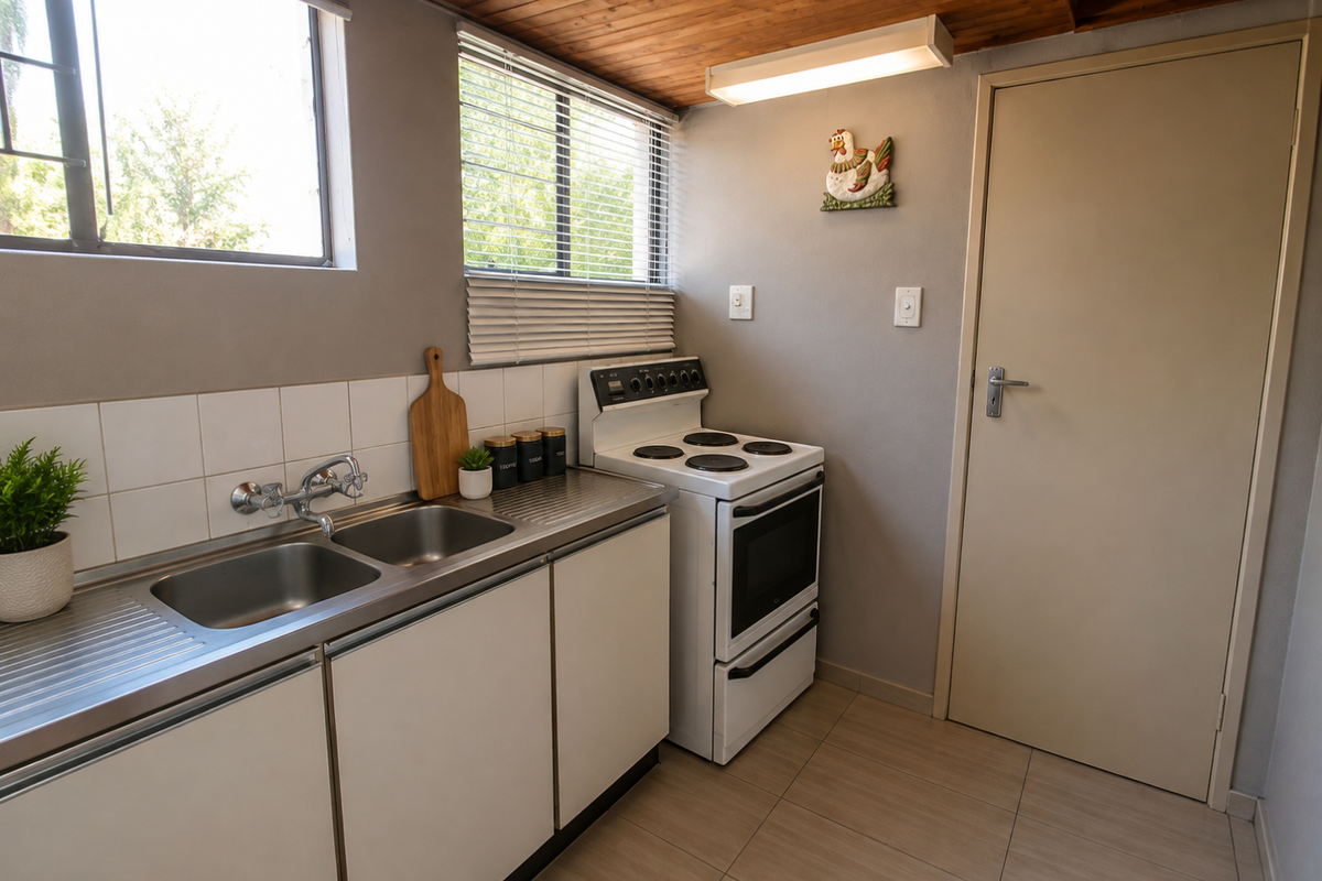 A functional kitchen featuring a stainless steel double sink, tiled backsplash, freestanding electric stove, and a warm timber-paneled ceiling.