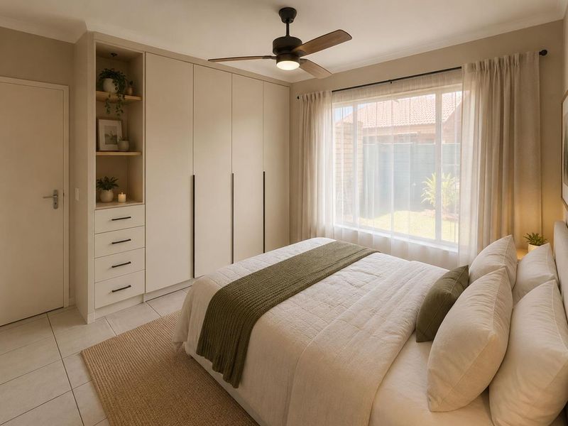 A well-maintained bedroom featuring built-in cupboards with integrated shelving, a modern ceiling fan, tiled flooring, and natural light through a large window.