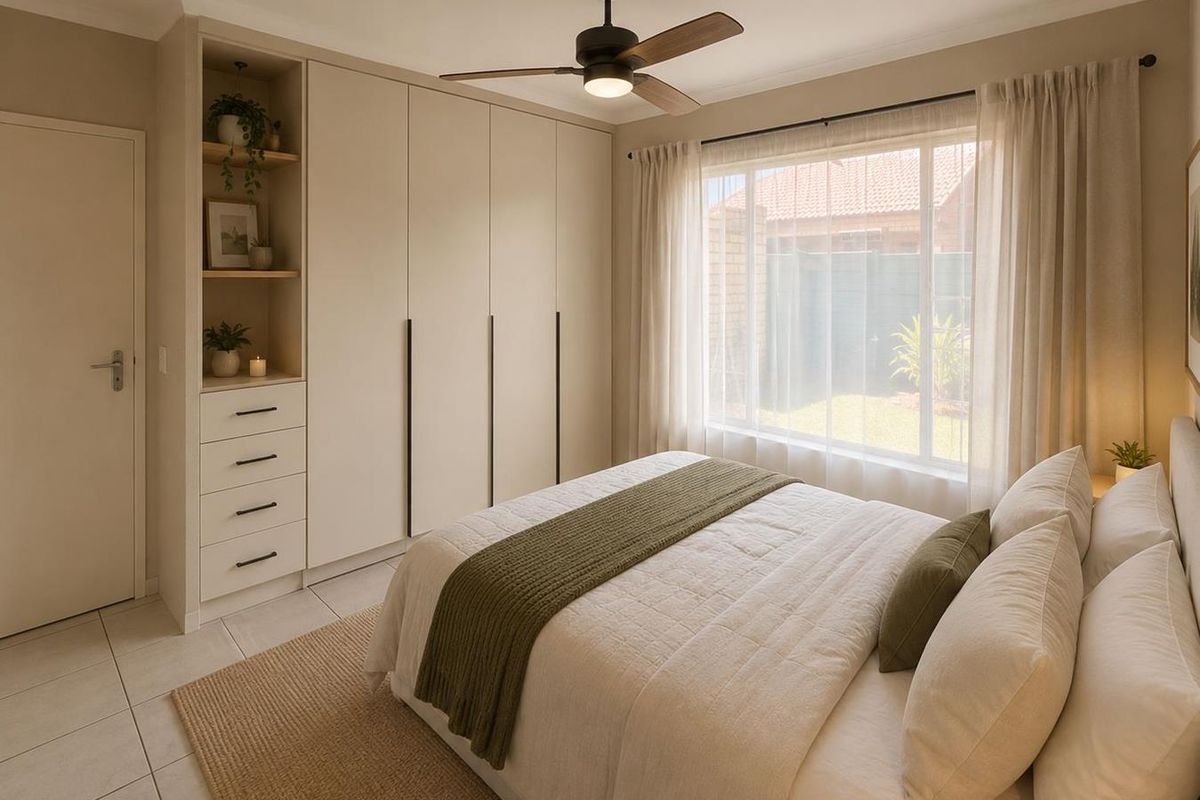 A well-maintained bedroom featuring built-in cupboards with integrated shelving, a modern ceiling fan, tiled flooring, and natural light through a large window.