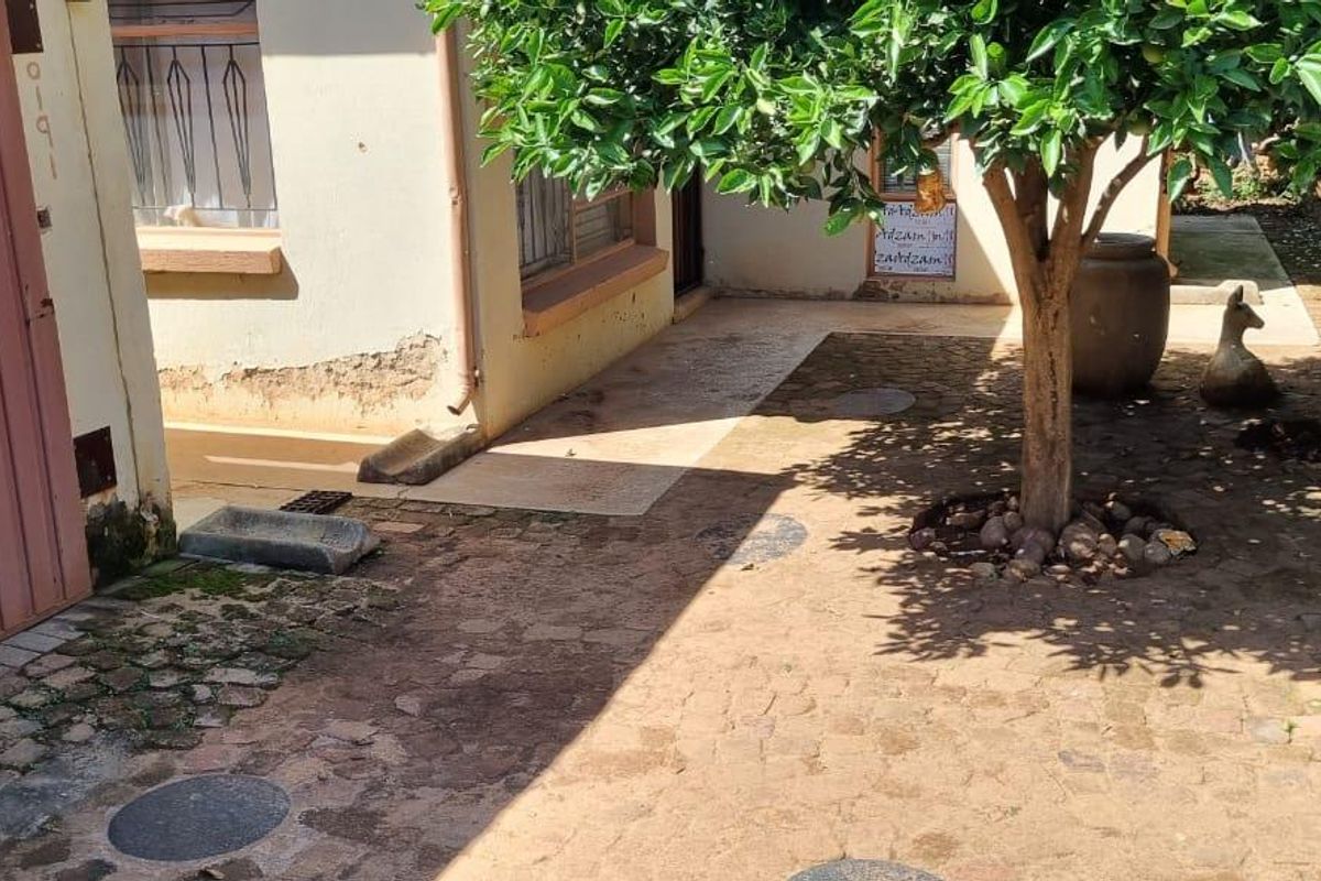 A rear courtyard area featuring paved surfaces, drainage infrastructure, and exterior wall access with visible plaster damage and signs of damp.
