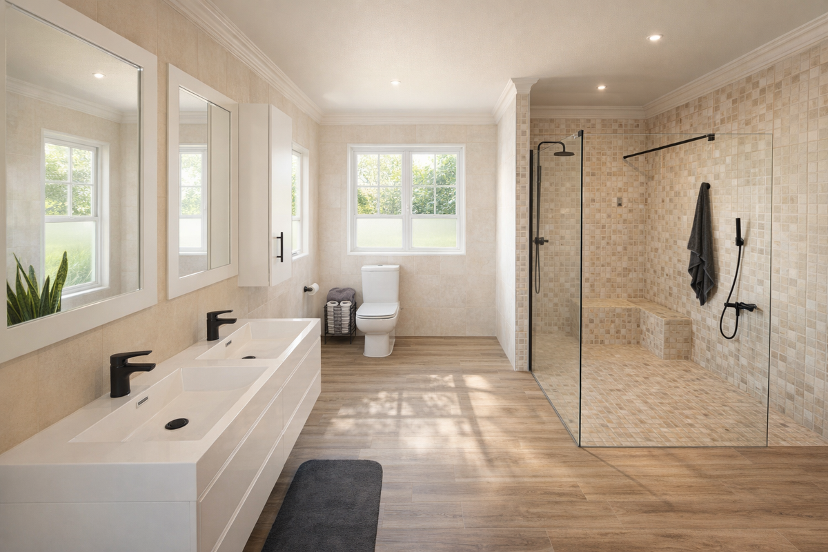 Modern bathroom featuring a double vanity with matte black fixtures, a spacious walk-in shower with a built-in bench, and neutral tiled finishes.
