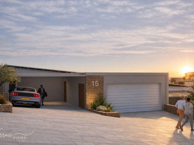Modern townhouse front elevation featuring a paved driveway, stone-clad accents, and a spacious garage entrance at sunset.