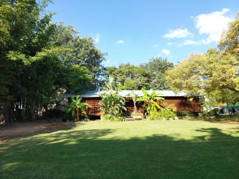 A view of the rear timber-clad house facade set within a spacious, well-maintained garden with mature trees.