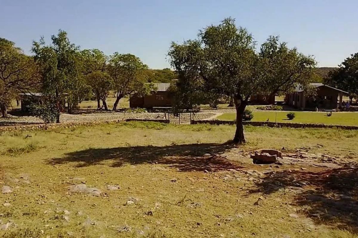 A wide view of the farm property grounds featuring mature trees, a stone boundary wall, and a metal gate leading to the main buildings.