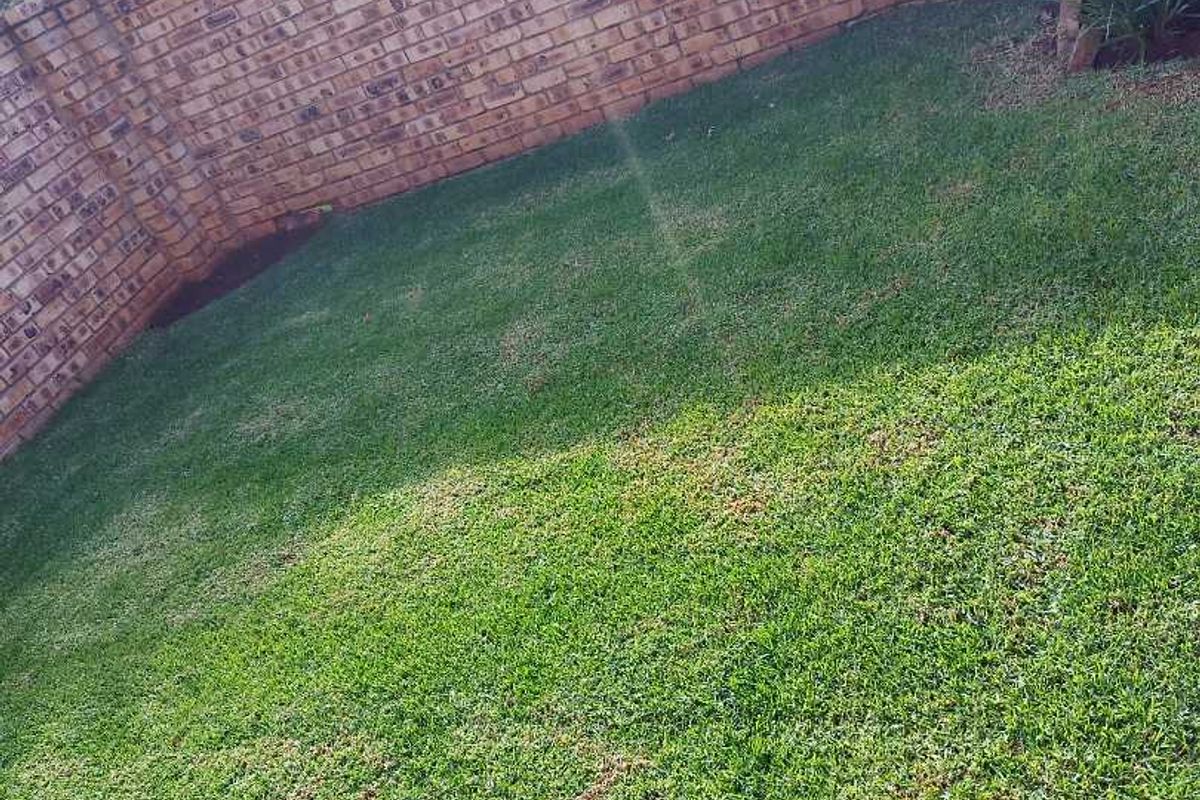 A private garden area featuring a well-maintained lawn enclosed by a high brick boundary wall.