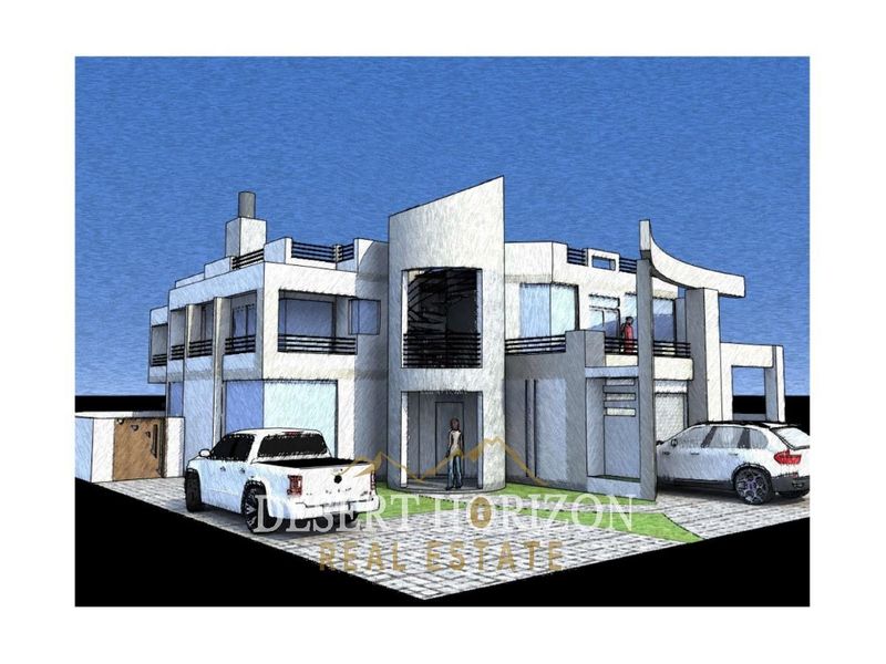 Architectural rendering of a modern multi-story residential property featuring balconies and a paved driveway.