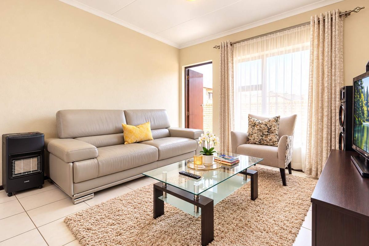 A well-maintained living room featuring tiled flooring, neutral walls, and a sliding glass door providing natural light and access to the exterior.