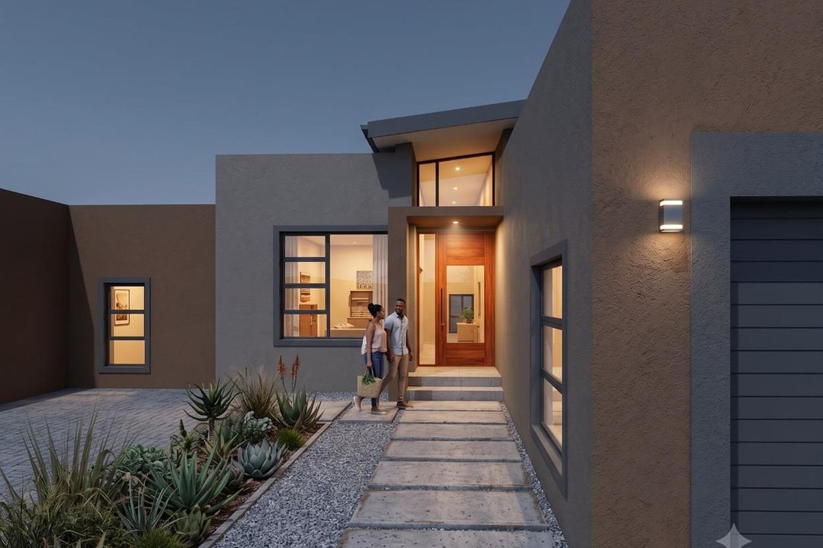 Modern architectural front facade featuring a concrete paver walkway, timber entrance door, and contemporary exterior lighting.
