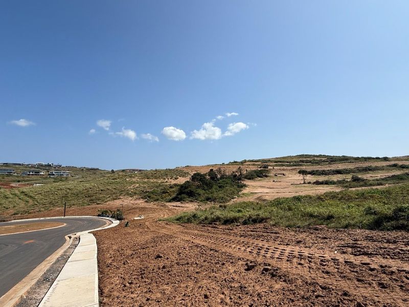 A view of a vacant residential plot featuring a paved road and concrete curbing, ready for development in a coastal estate setting.