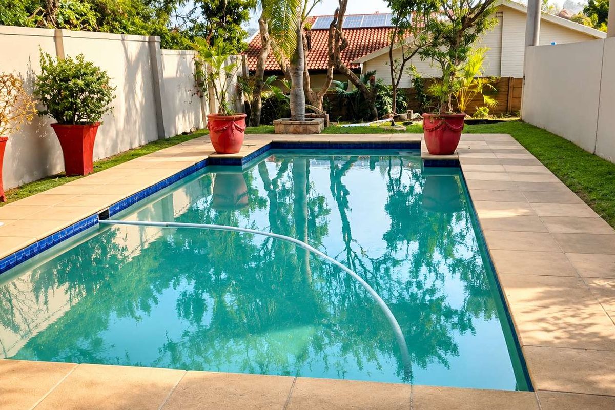 A well-maintained rectangular swimming pool featuring a tiled surround, bordered by a lawn and high boundary walls for privacy.