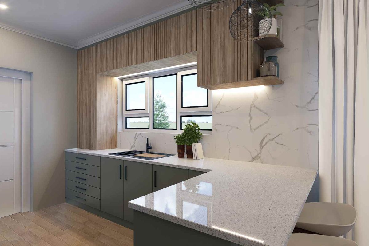 Modern kitchen featuring sleek cabinetry, stone countertops, integrated sink, and stylish wood-panelled accents with under-cabinet lighting.