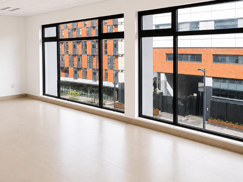 A bright, empty office space featuring large windows, neutral tiled flooring, and a suspended ceiling with integrated lighting.