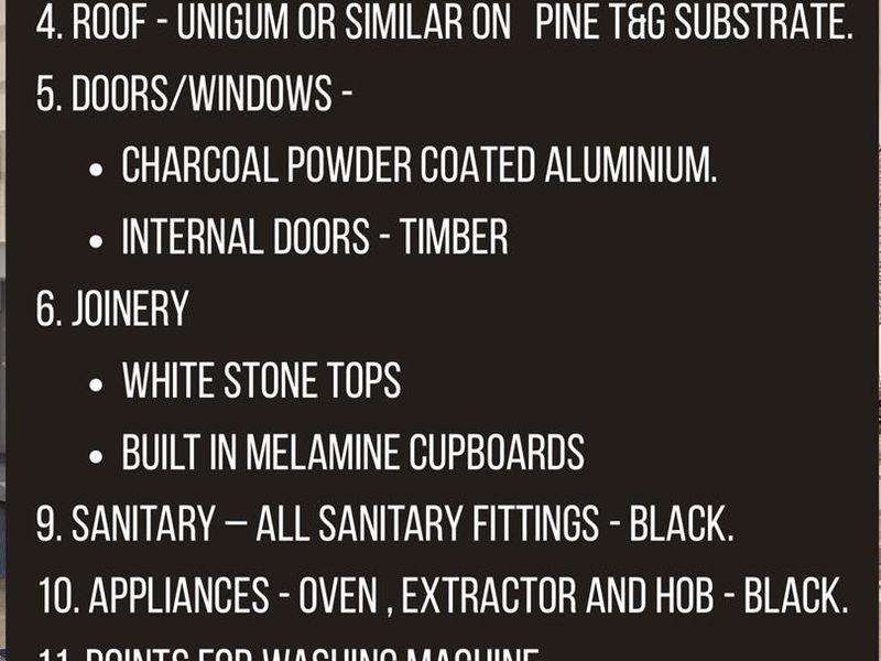 A text-based summary detailing the property's finishes, including vinyl flooring, exposed concrete ceilings, charcoal aluminium windows, and black sanitary fittings.