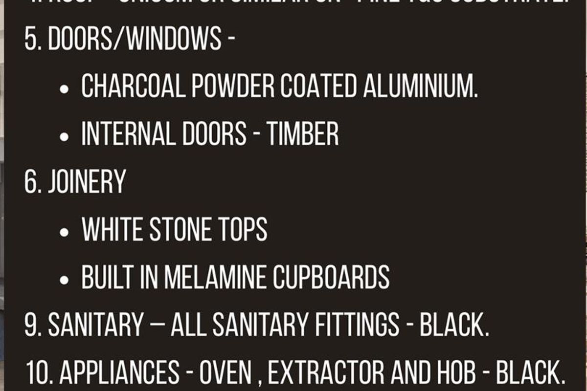 A text-based summary detailing the property's finishes, including vinyl flooring, exposed concrete ceilings, charcoal aluminium windows, and black sanitary fittings.