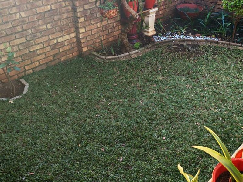 A private rear garden featuring a well-maintained lawn enclosed by traditional face-brick boundary walls and stone-edged garden beds.