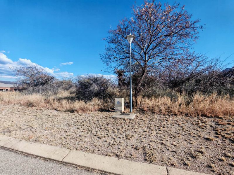 A view of the vacant residential land showing the street curb, a utility box, and a street light pole.