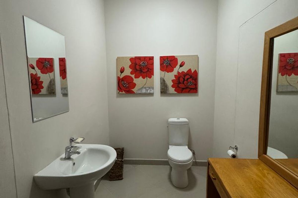 A functional bathroom featuring a pedestal sink, a standard toilet, and a built-in wooden vanity unit with a mirror.
