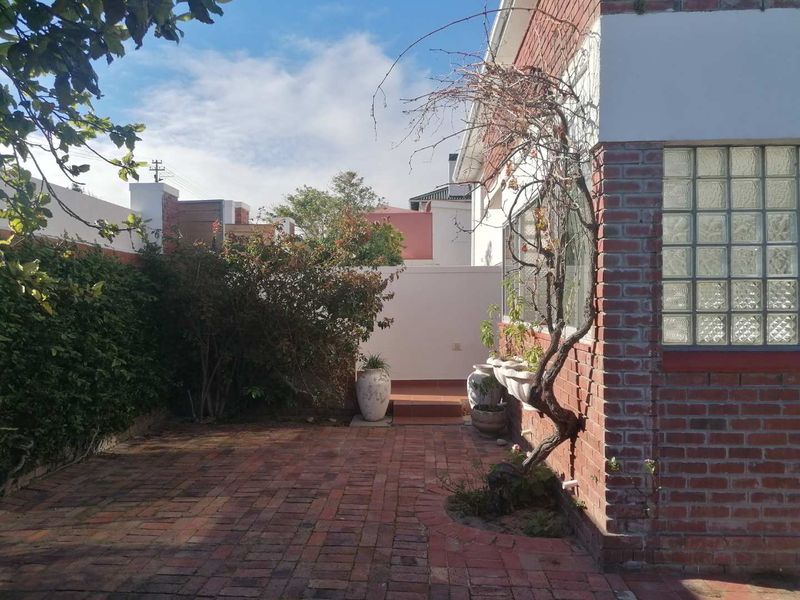 A private rear courtyard featuring classic face brick walls, durable brick paving, and a distinctive glass block window detail.