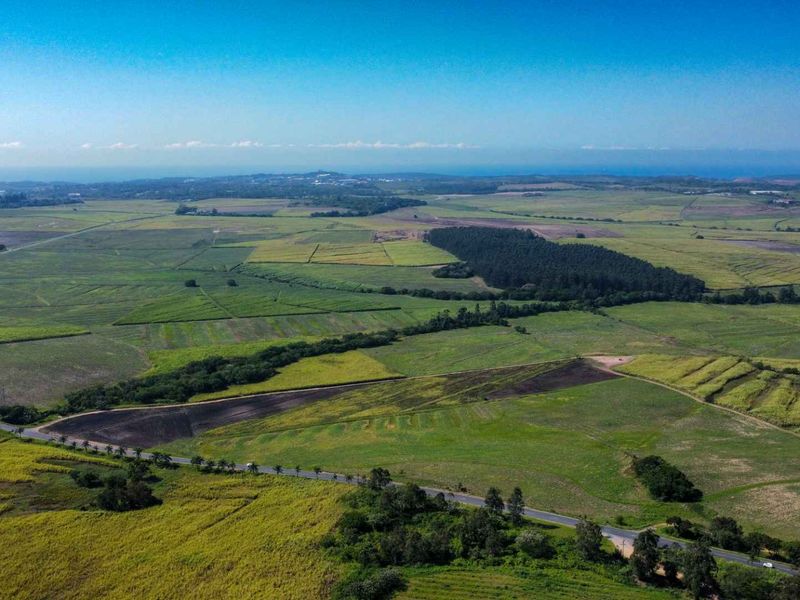 An expansive aerial view of the farm property, showcasing vast agricultural fields, surrounding woodland, and a paved access road.