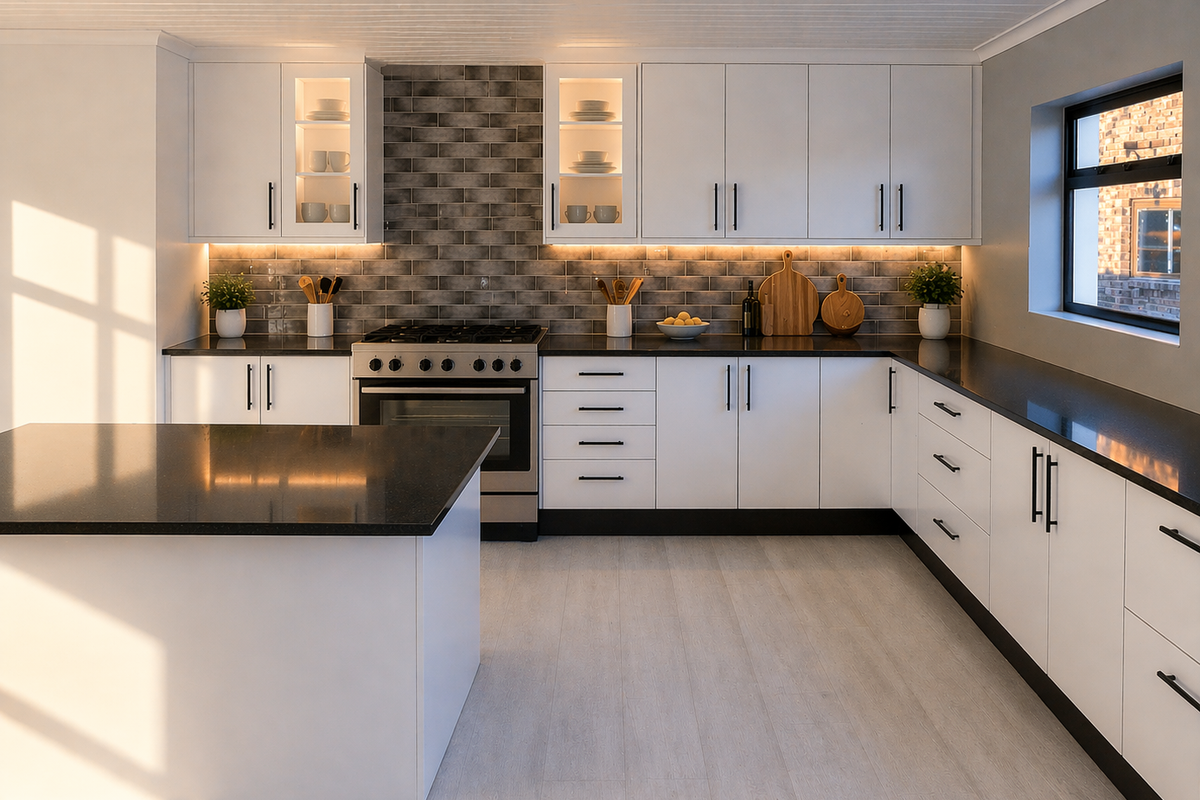 Modern kitchen featuring white cabinetry, a central island with dark stone countertops, subway tile backsplash, and integrated stainless steel oven and hob.