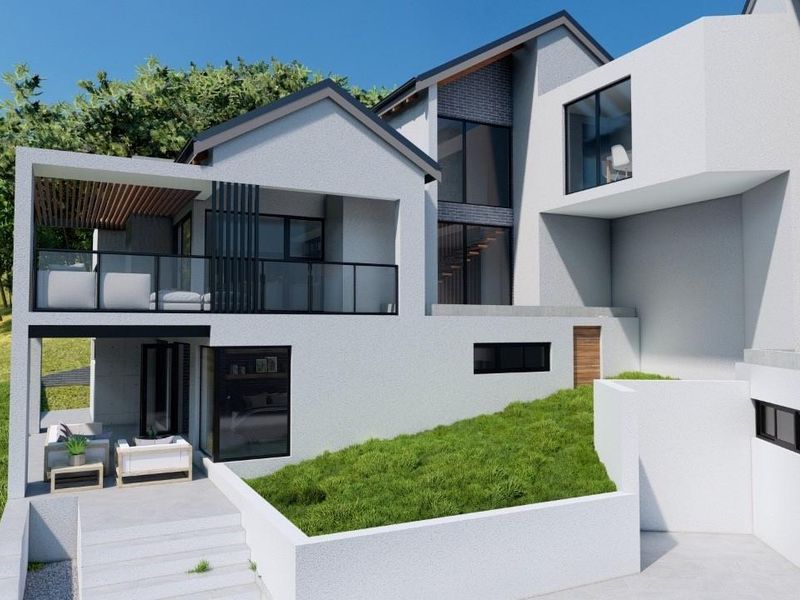 Modern multi-level architectural residence featuring clean lines, a spacious balcony with glass balustrades, timber pergola, and tiered landscaped garden areas.