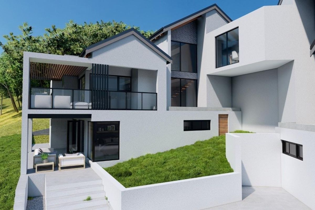 Modern multi-level architectural residence featuring clean lines, a spacious balcony with glass balustrades, timber pergola, and tiered landscaped garden areas.
