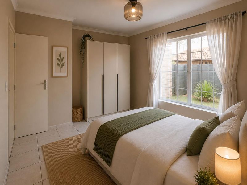A well-maintained bedroom featuring neutral tones, tiled flooring, and a built-in wardrobe, offering a clean and comfortable living space.