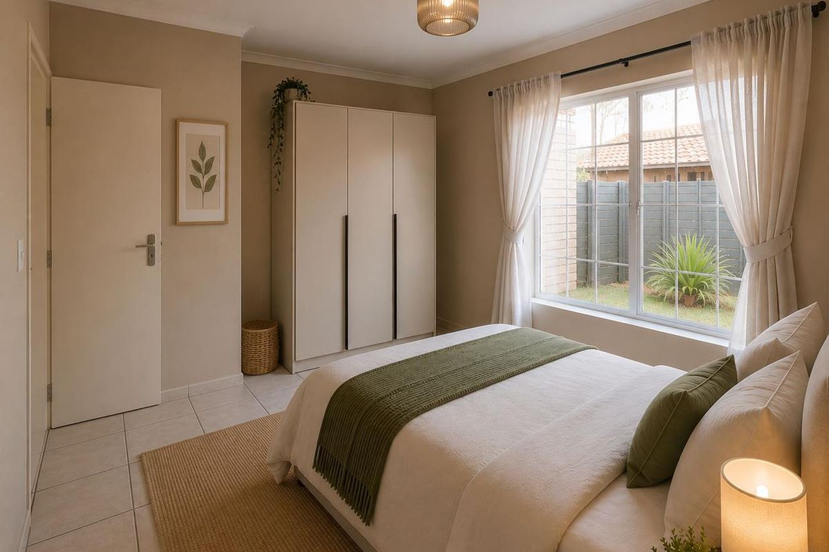 A well-maintained bedroom featuring neutral tones, tiled flooring, and a built-in wardrobe, offering a clean and comfortable living space.