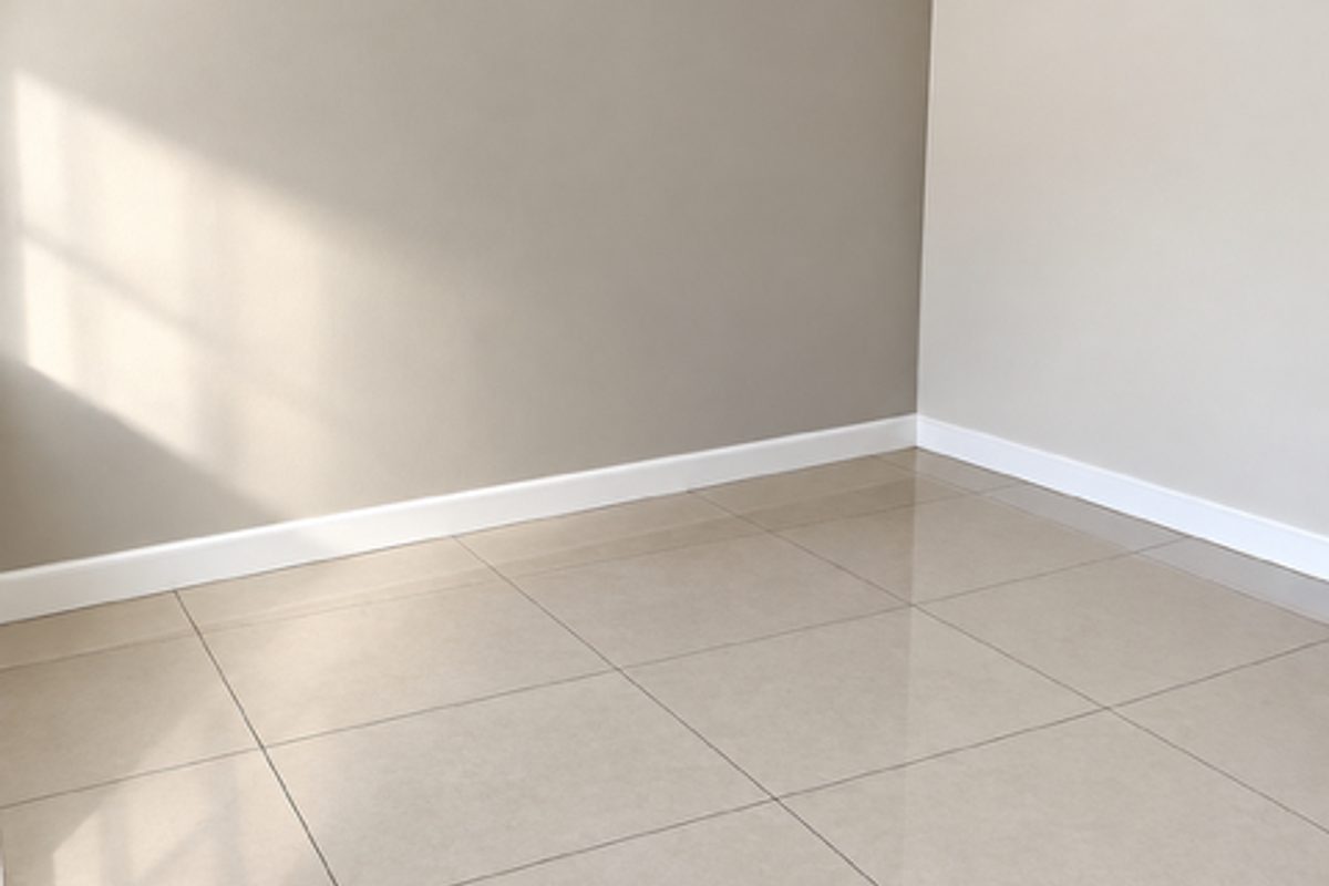 A clean, empty room featuring neutral painted walls, crown molding, white baseboards, and polished large-format porcelain floor tiles.