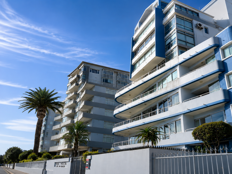 Exterior view of the Sea Vista apartment complex featuring multi-level balconies, blue and white facade detailing, and secure perimeter fencing.