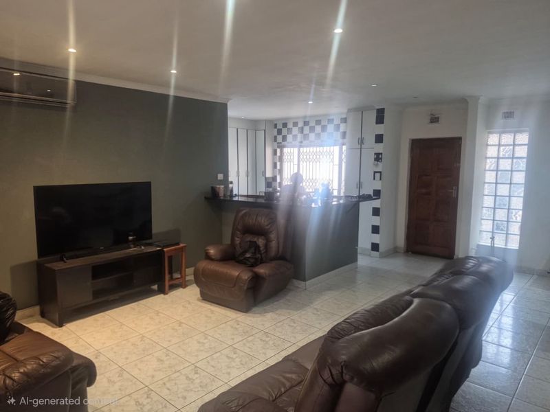 Open-plan living area featuring tiled flooring, recessed lighting, a breakfast bar, and built-in cabinetry, creating a functional and connected living space.