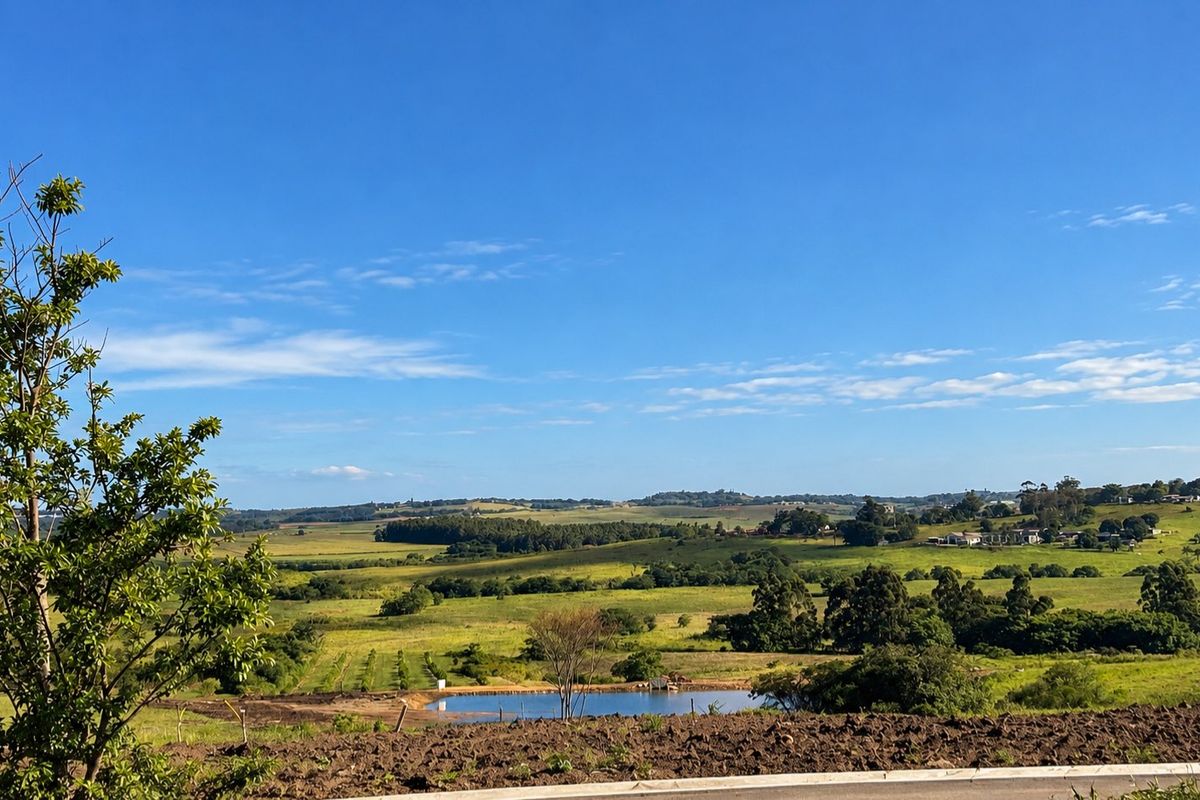 A scenic view overlooking rolling green hills, open fields, and a small pond on the residential land.