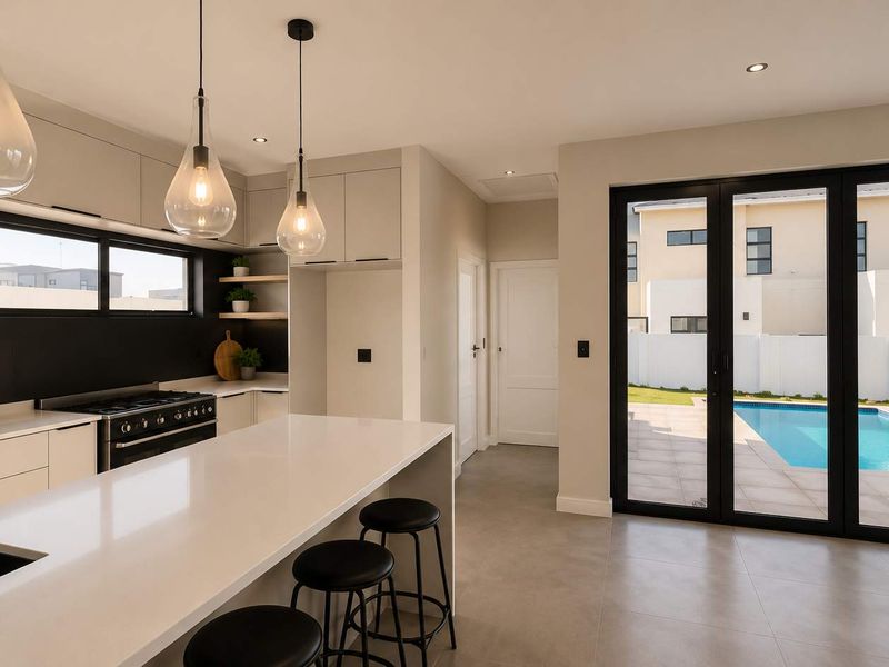 Modern kitchen featuring a central island, quartz countertops, gas stove, and seamless flow to the outdoor patio and pool area through bi-fold doors.