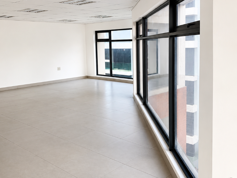 A bright, vacant office space featuring large windows, neutral ceramic floor tiles, and a suspended ceiling with integrated lighting.