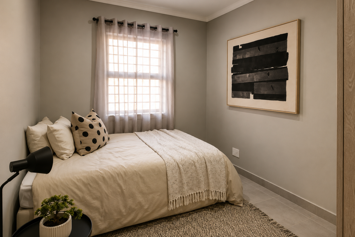 A well-maintained bedroom featuring neutral wall tones, tiled flooring, and a window with fitted curtain rod.