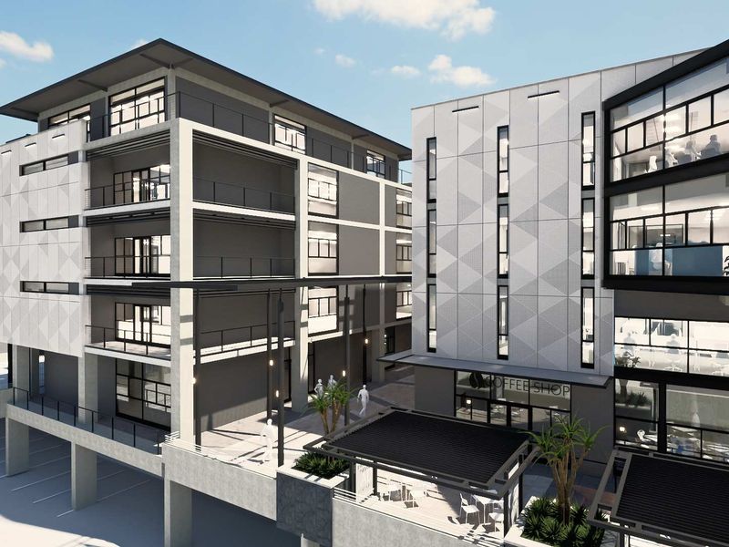 Modern multi-story commercial building complex featuring contemporary architectural design, glass facades, integrated balconies, and a ground-level coffee shop with outdoor patio space.