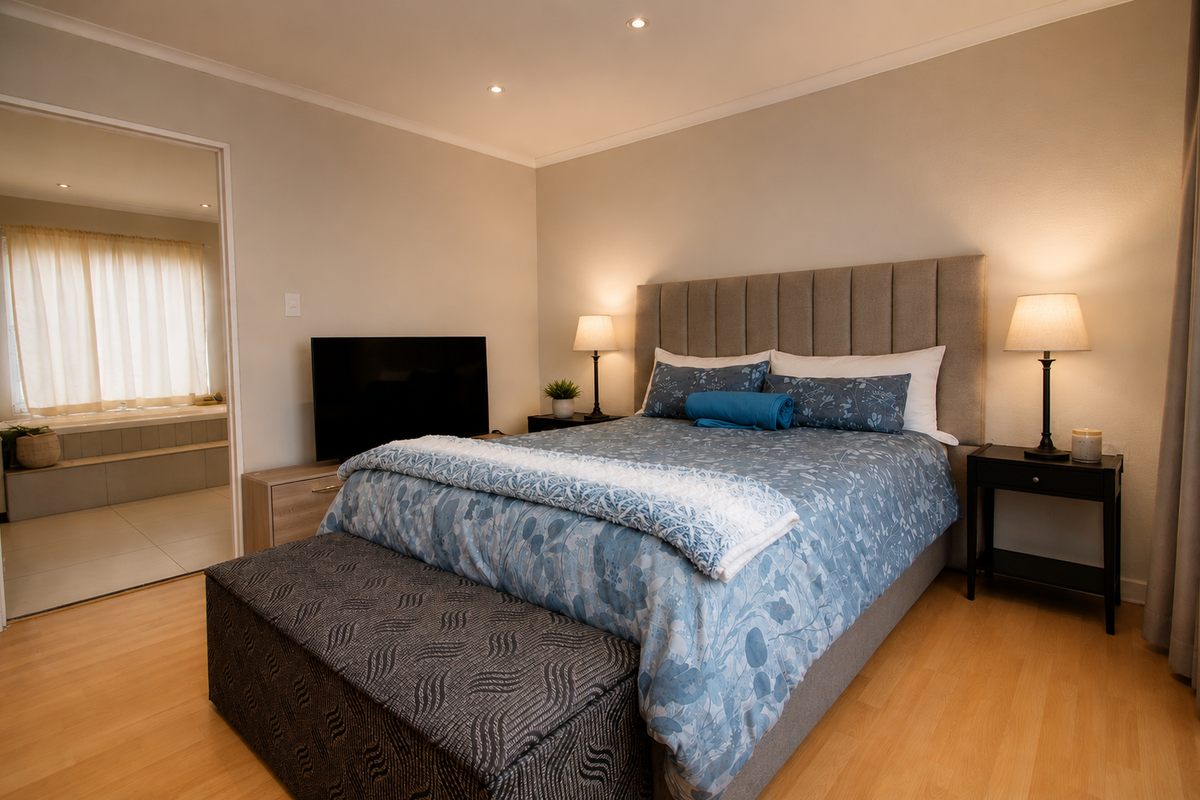A well-maintained bedroom featuring laminate flooring, recessed ceiling lighting, and an en-suite bathroom visible through the doorway.
