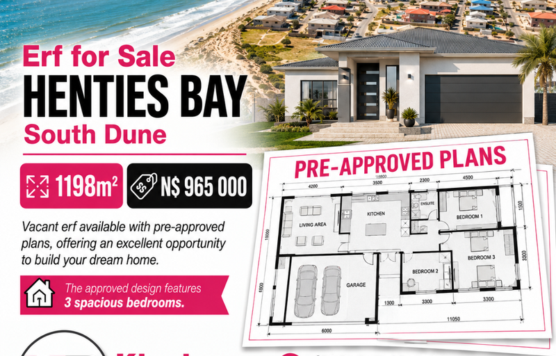 Erf For Sale  1198m2  With pre-approved plans. Henties Bay