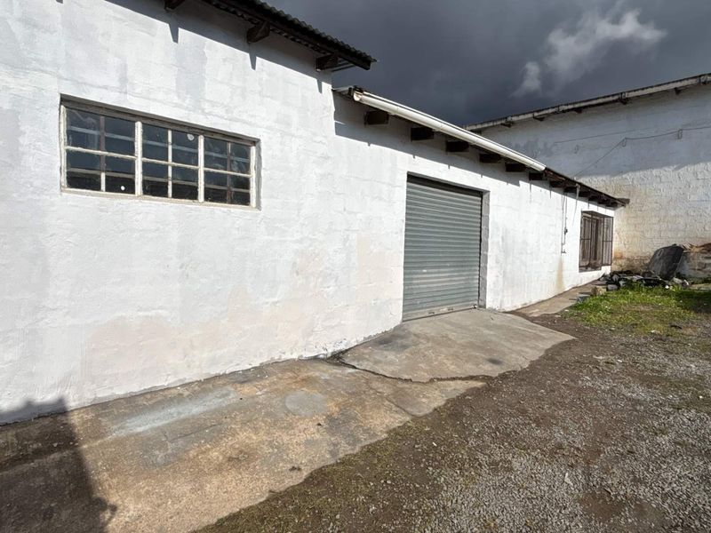 Rear exterior view of an industrial building featuring a roller shutter door, steel-framed windows, and a weathered concrete apron.