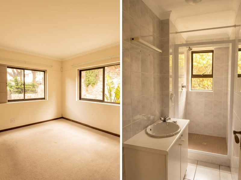 A split-view image showing an empty bedroom with carpeted flooring and a functional bathroom featuring a vanity, basin, and shower enclosure.