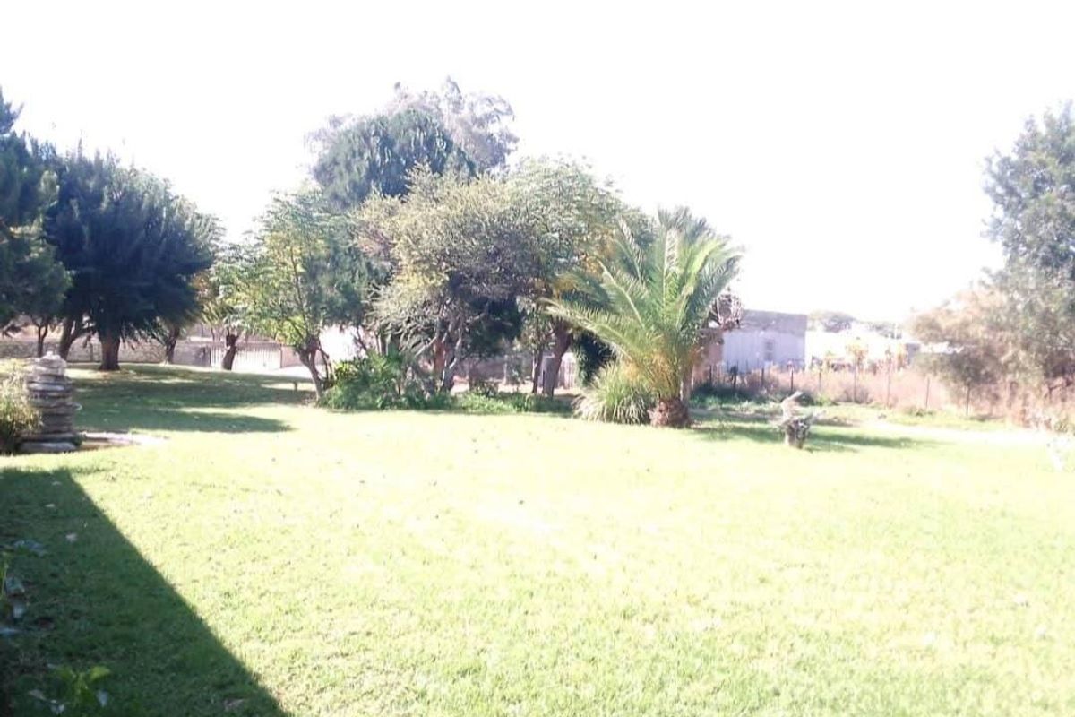 A spacious, well-maintained garden area featuring a large lawn, mature trees, and established landscaping, providing a peaceful outdoor setting.