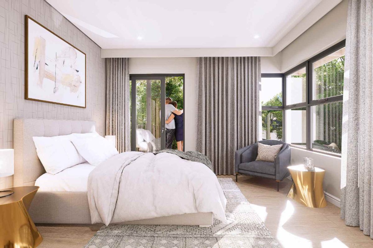 A bright and modern bedroom featuring large windows, neutral tones, and direct access to an outdoor patio area.