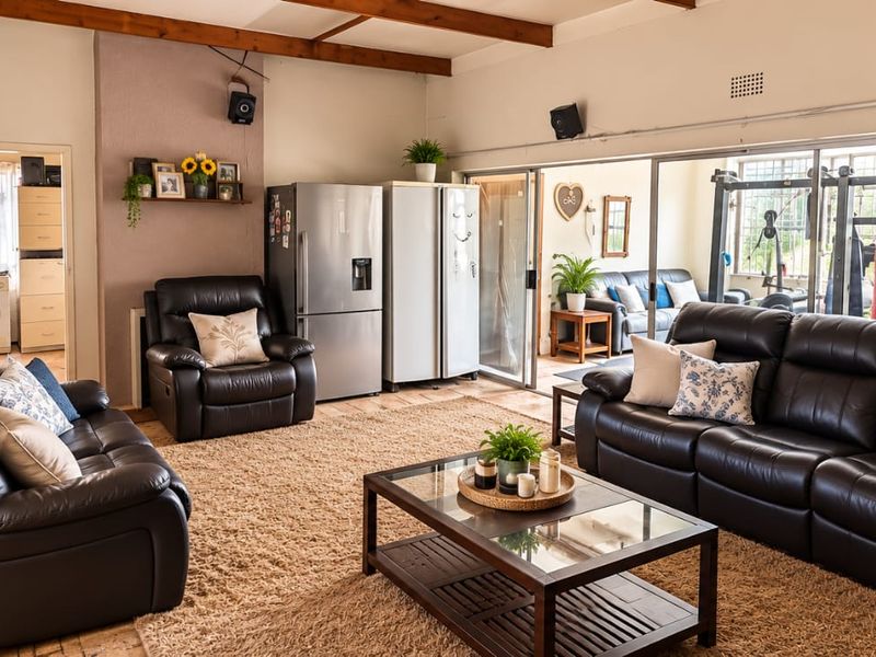 Spacious living area featuring exposed timber ceiling beams and large sliding glass doors that provide natural light and access to the adjacent space.