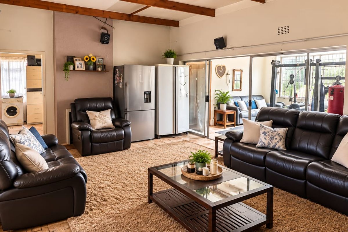 Spacious living area featuring exposed timber ceiling beams and large sliding glass doors that provide natural light and access to the adjacent space.