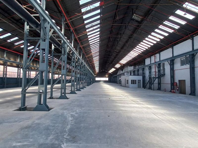 Expansive industrial warehouse space featuring high ceilings, exposed steel portal frame construction, polished concrete flooring, and abundant natural light through integrated roof skylights.