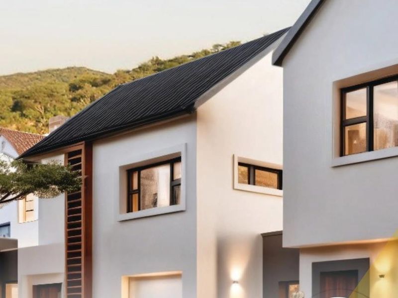 Modern townhouse exterior featuring clean architectural lines, dark metal roofing, and integrated garage access in a contemporary residential setting.