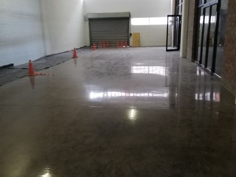 Spacious open-plan commercial unit featuring polished concrete flooring, large glass storefront windows, and a secure rear roller shutter door.