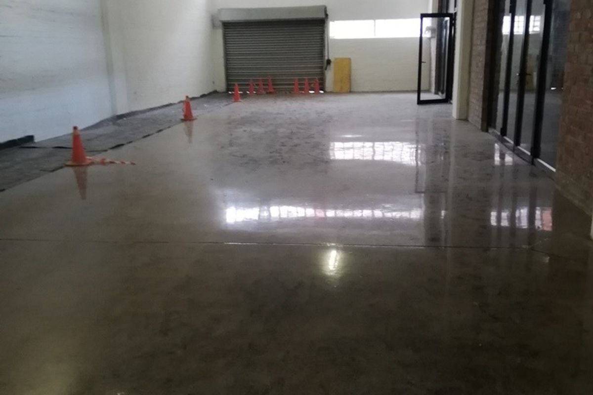 Spacious open-plan commercial unit featuring polished concrete flooring, large glass storefront windows, and a secure rear roller shutter door.