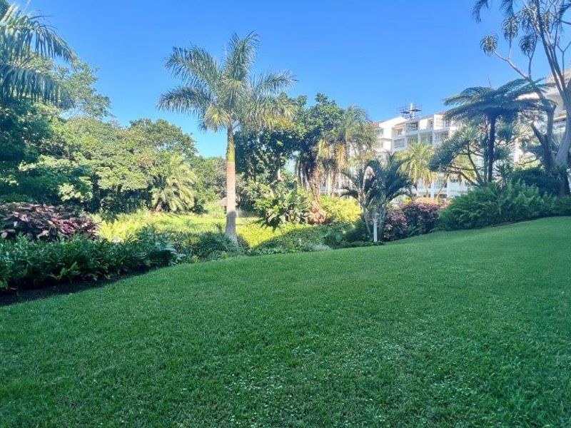A well-maintained, lush green garden area featuring mature trees and palm trees, providing a serene outdoor space within the apartment complex grounds.