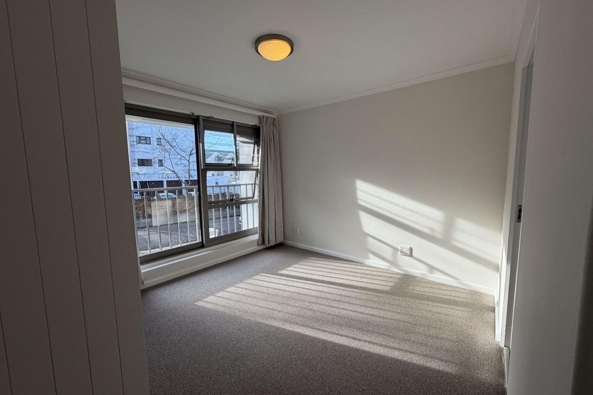 A bright, empty bedroom featuring neutral carpeting, a large window with natural light, and a simple ceiling-mounted light fixture.
